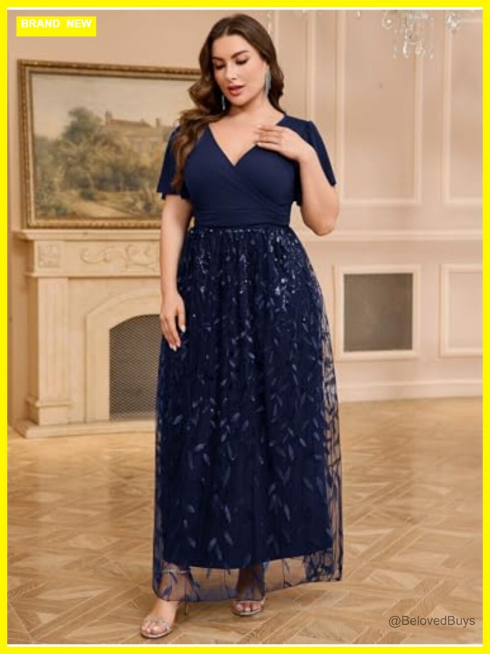 Plus Size Sequin Tulle Formal Maxi Dress V-Neck A-Line Ruffle Sleeve Prom - Picture 3 of 6
